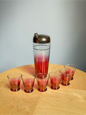 Set of 6 Glasses Cocktail Shaker Vintage Cranberry Pink Glass Barware by Blendo